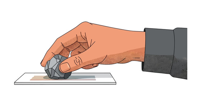 A detailed vector illustration of a geologist hand examining a raw mineral specimen on a white background for scientific research exploration