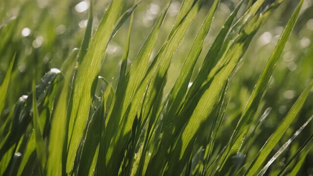 Fresh green grass blades swaying gently with morning dew drops in sunlight for nature and ecology content