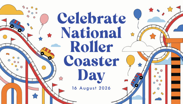 Colorful graphic poster celebrating national roller coaster day with amusement rides