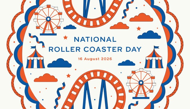 Colorful illustration celebrating national roller coaster day with carnival park elements