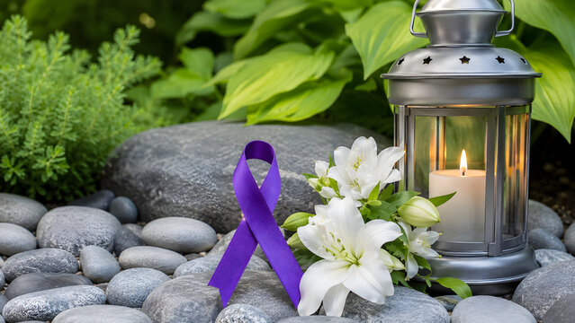 Garden Memorial Stones With Purple Ribbon