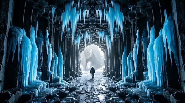 Symmetrical Basalt Column Cave Interior with Glowing Blue Icicles Dramatic Lighting