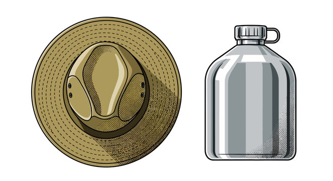 Illustration vector of camping gear a wide-brimmed hat and a metal canteen, perfect for outdoor adventures and survival