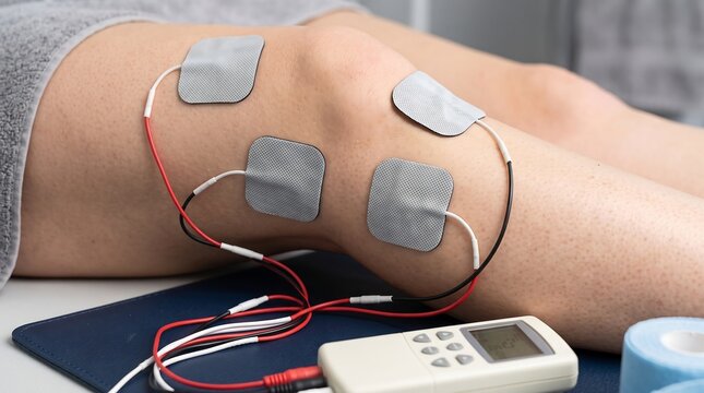 Knee undergoing physical therapy with TENS electrotherapy pads