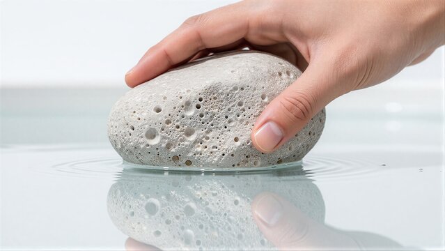 Hand gently places porous stone into calm water, creating subtle ripples.