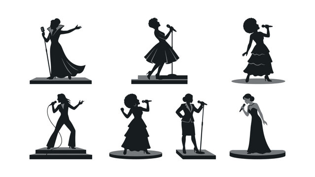 Vintage Singer Silhouettes: Diverse Female Performers on Stage with Microphones