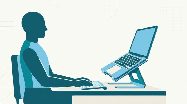 Person sits at a desk using a riser for a laptop and a keyboard to maintain proper posture and enhance workplace wellness and safety