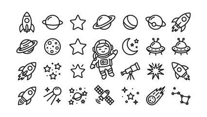 Cute Space Icons: Astronaut, Planets, Rockets, Stars & UFOs - Vector Set © Rido