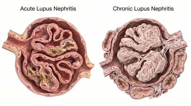 Acute vs Chronic Lupus Nephritis: 3D Comparative Illustration of Renal Glomerulus Pathology