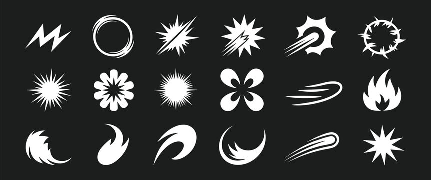 Comic book attack effects and cartoon hit flash sparks vector symbols set
