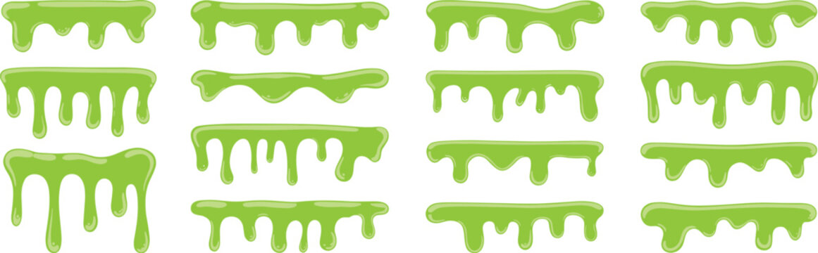 Green dripping slime borders and sticky radioactive ooze splashes vector cartoon elements set