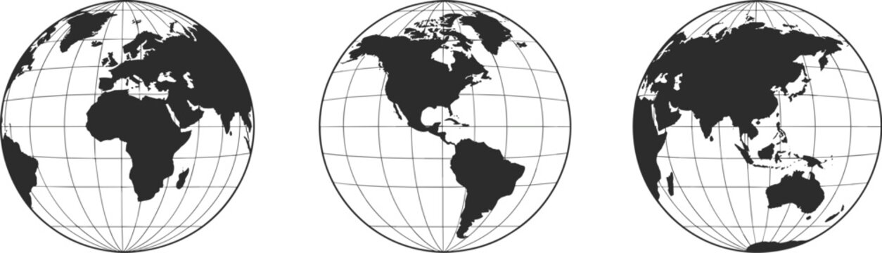 Planet earth globe map silhouettes set showing different continents vector graphic icons