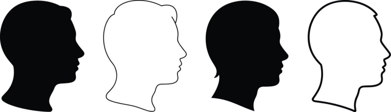 Man head profile silhouette and outline vector human face side view icons set