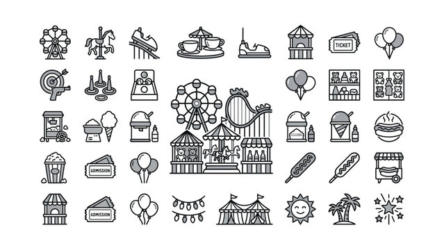 Amusement Park Icons Set: Ferris Wheel, Roller Coaster, Carousel, Rides, Food & Fun