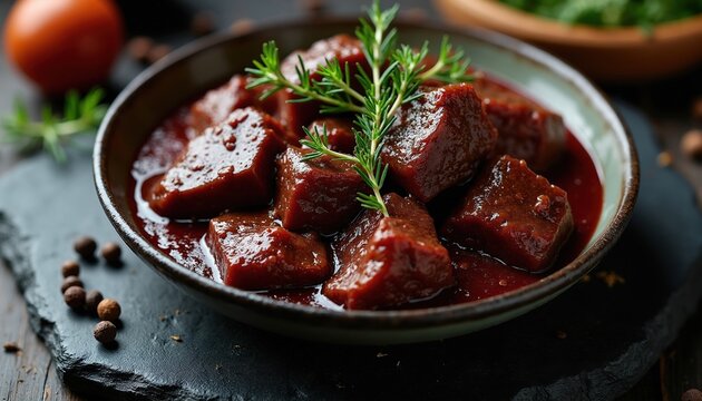 Bowl of beef stew with red wine sauce on slate board. Tender meat pieces cooked in savory gravy with fresh rosemary herb garnish. Traditional rustic dish served warm in kitchen. Gourmet dinner meal