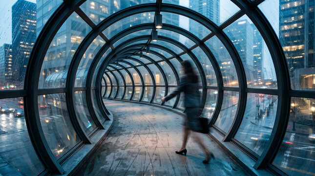 Runner Sprinting Through Modern Glass Tunnel in City