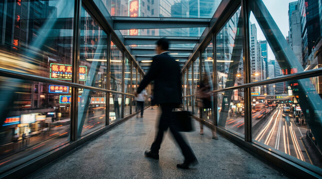 Businessman Walking Through Modern City Skyway at Dusk