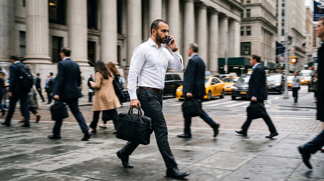 Businessman Walking Through City Street on Phone
