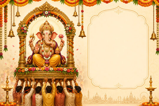 Festive Ganesha Procession Banner with Devotees Carrying Ornate Floral Platform, Hanging Bells, Marigold Garlands, Oil Lamps, City Line Art, and Elegant Cream Copy Space Frame