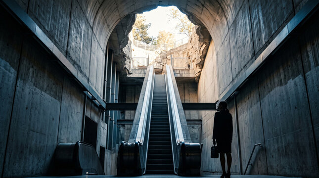 Person Ascending Escalator Toward Daylight and Success