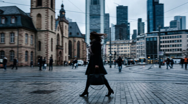 Woman Walking Through Urban City Square