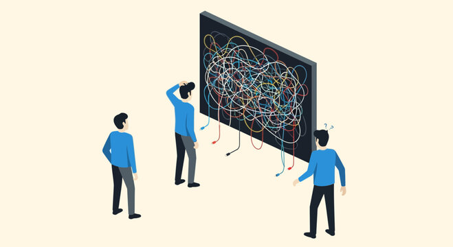 Isometric Business People Looking at Tangled Cables Chaos
