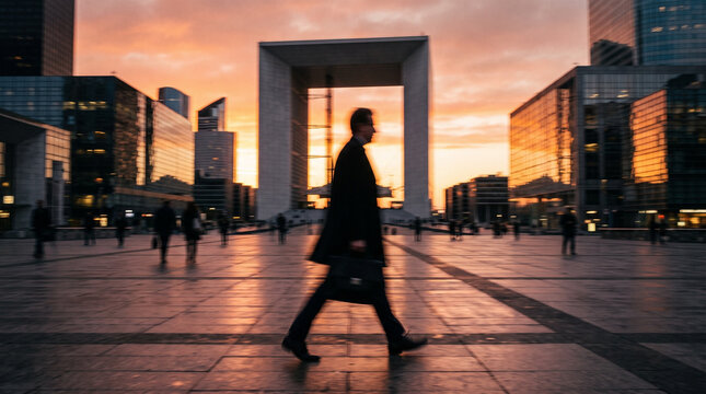 Businessman Walking Through Modern Urban Plaza at Sunset