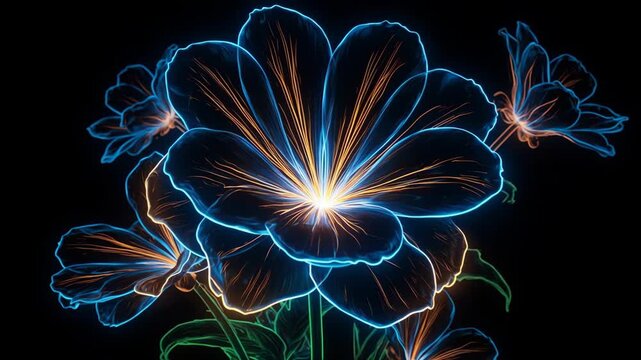 Neon glowing flower blooming and radiating light on dark background for nature and abstract intro