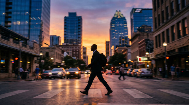 Businessman Crossing Street at Dusk in Urban Downtown