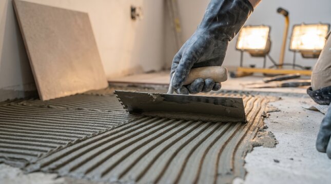 Hand with tool applying adhesive for tile work