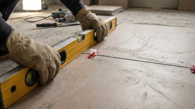 Close-up of construction worker leveling concrete surface with precision tool