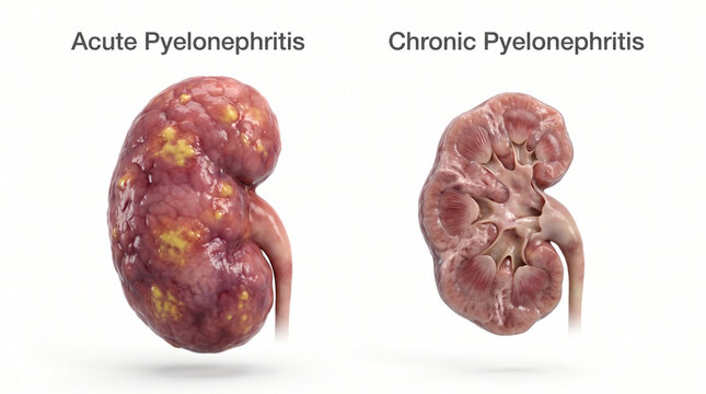 Medical Illustration Comparing Acute and Chronic Pyelonephritis Kidneys