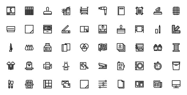 Printing related icon set. Minimal line icons. Printing equipment icon pack. Featuring printer, ink, paper, cutter, scanner, plotter, press, dryer, sublimation, tampography, roller, guillotine and mor