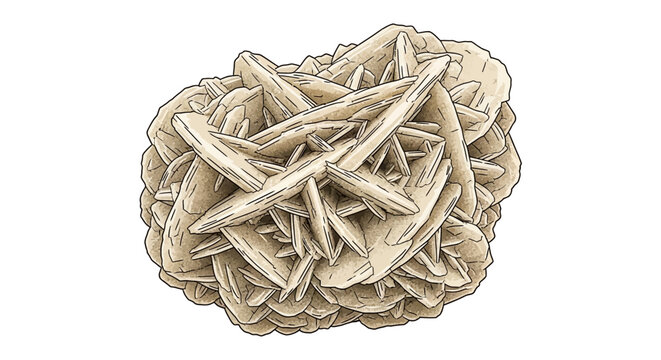 Highly detailed Vector illustration of a desert rose gypsum mineral crystal formation, raw natural stone specimen on white background