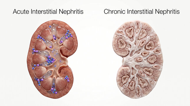 Acute vs Chronic Interstitial Nephritis Kidney Pathology Comparison 3D Render