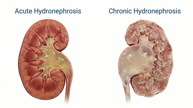 Acute and Chronic Hydronephrosis Kidney Dilation Pathology 3D Illustration