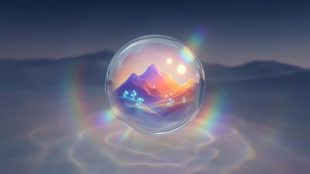 Glowing crystal ball floating with rainbow reflections over surreal landscape for fantasy and meditation content