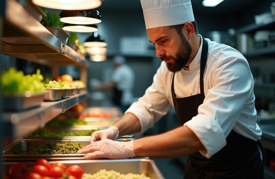 Male chef in white uniform, black apron works in pro restaurant kitchen. Man wears latex gloves, prepares fresh vegetable salads for service. Person checks food quality, storage hygiene standards at