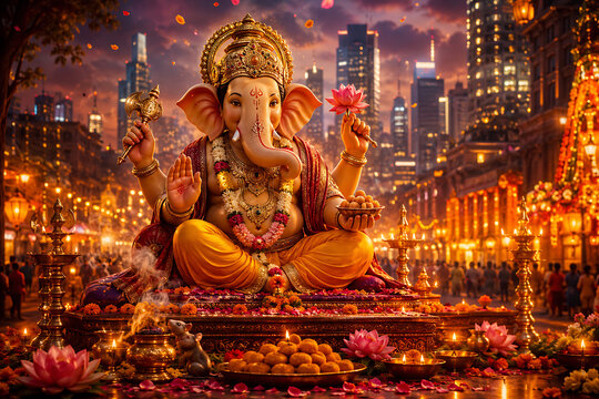 Grand Ganesha Festival Idol Displayed in Illuminated Urban Street with Lotus Flowers, Sweets, Oil Lamps, Worshippers, Golden Decorations, and Modern City Skyline at Evening Celebration