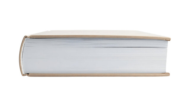 Closed hardcover book with thick white pages and a beige textured cover viewed from the side&nbsp;