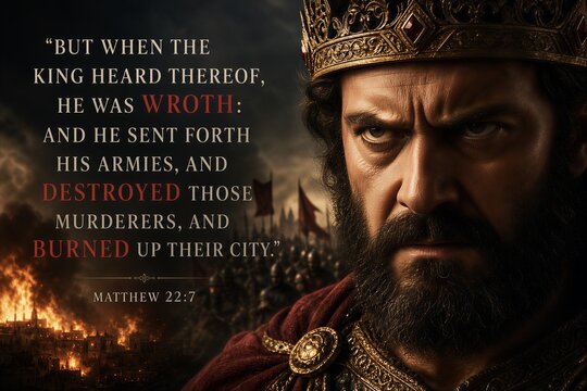 King's Wrath and City's Destruction: A Dramatic Biblical Poster with English Scripture from Matthew.
