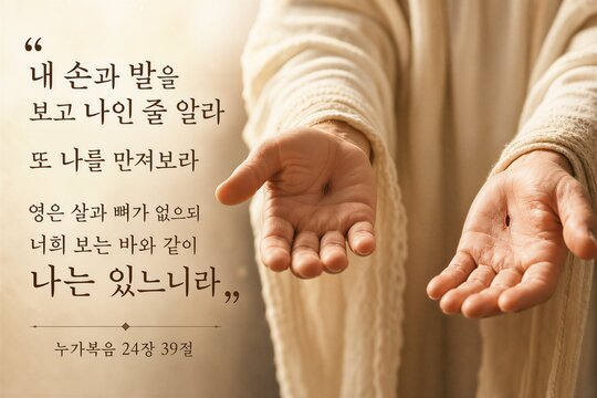Resurrected Jesus Showing Hands and Feet for Reassurance, a Miraculous Korean Scripture Poster from Luke.