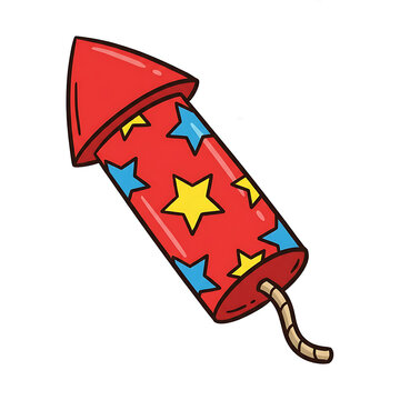 Colorful cartoon firecracker with blue and yellow stars and red fuse