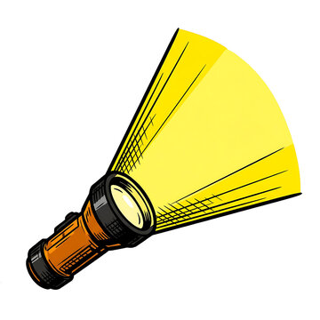 Bright yellow flashlight beam shining isolated on white background