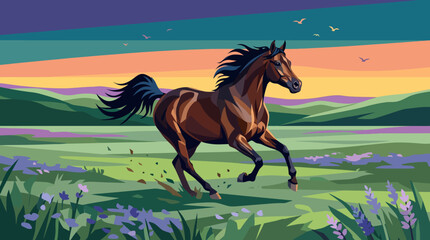 Powerful Arabian horse galloping across an open meadow, flowing mane, muscular body, dynamic motion, natural sunlight, dramatic landscape, realistic wildlife scene © saeideh