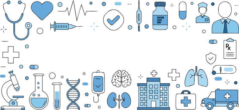 Blue Medical Banner Composition with Doctor Hospital Organs and Healthcare Icons Vector