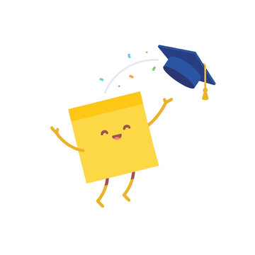 Happy Graduation Sticky Note Character Throwing Mortarboard Cap