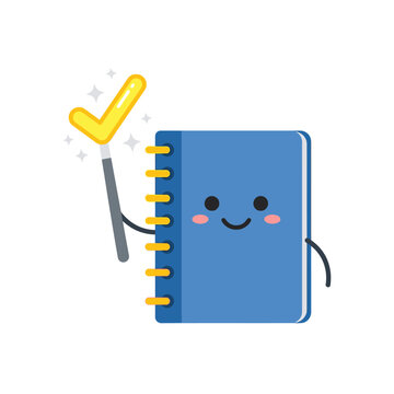 Cute Kawaii Blue Notebook Character with Checkmark Wand Illustration for Productivity and Task Completion
