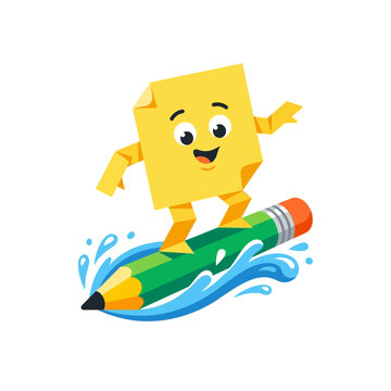 Cute Sticky Note Character Surfing on a Green Pencil Illustration