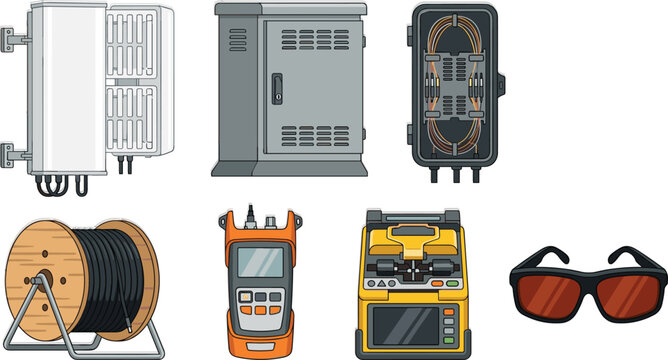 Fiber Optic Network Installation Vector Set with Splice Box, Distribution Cabinet, Fusion Splicer, Cable Reel, OTDR Tester, and Safety Glasses